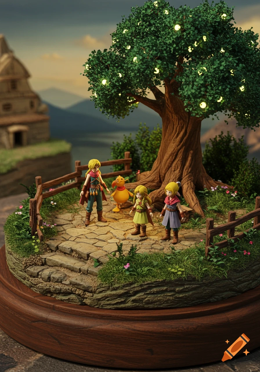 Miniature diorama of fantasy characters and a yellow creature on a stone path beside a large tree with glowing lights, against a landscape with a building.