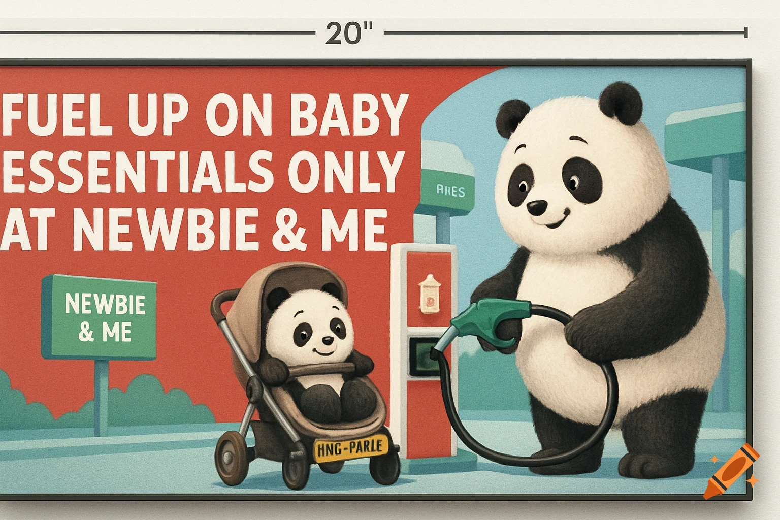A fuzzy father panda fuels a baby panda in a pushchair at a gas station, with a sign reading 'Fuel Up On Baby Essentials Only At Newbie & Me'.
