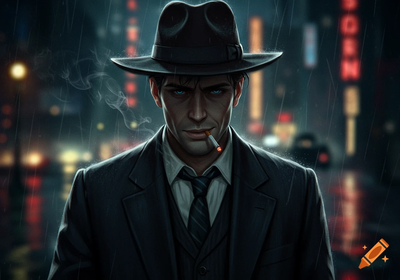 A dark, intense man in a fedora and suit, with glowing blue eyes, smoking a cigarette in the rain at night.