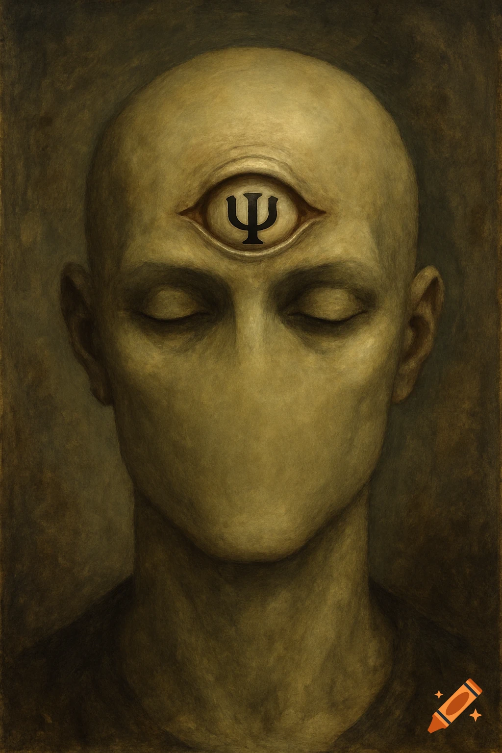 A surreal painting of a bald, mouthless figure with a third eye containing the Greek letter Psi on its forehead.