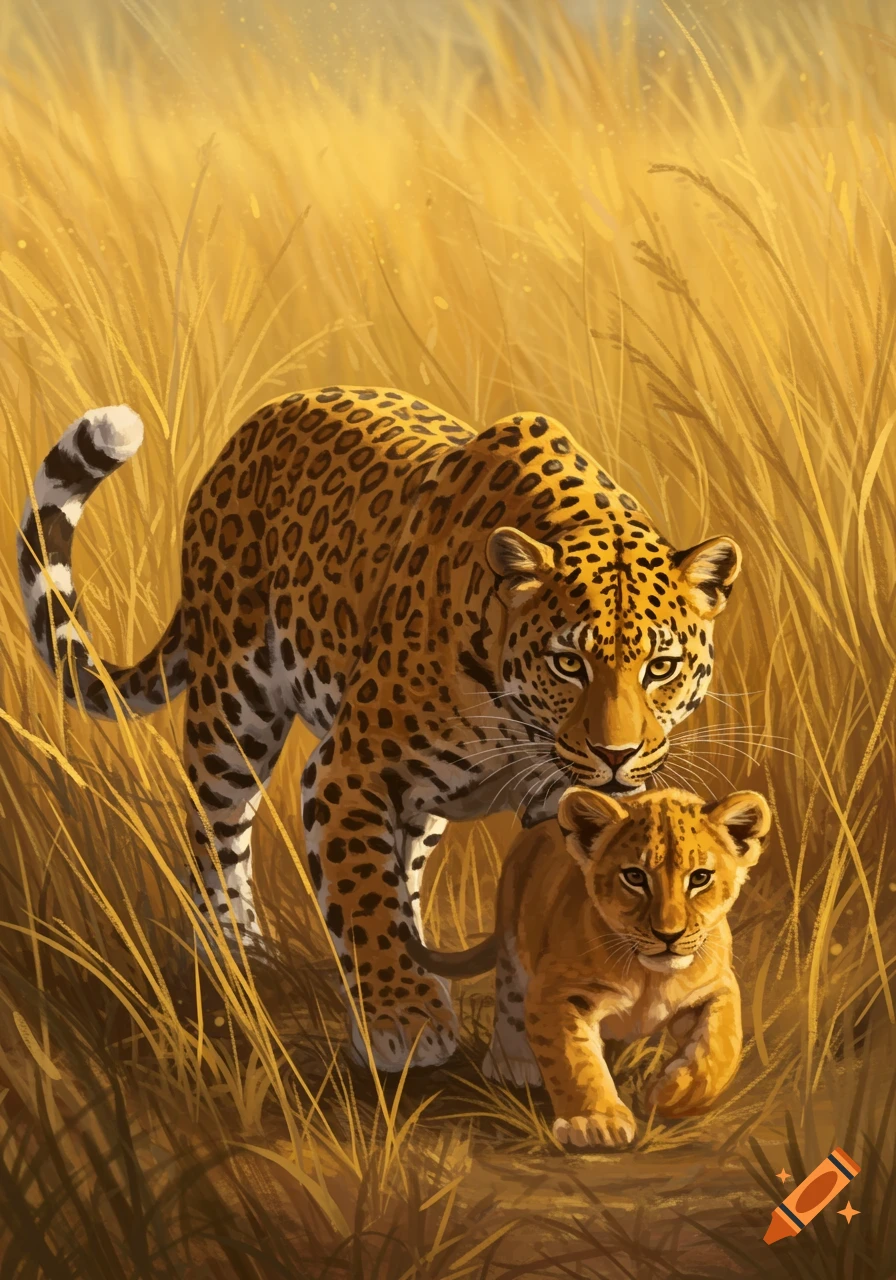 A leopard and a lion cub walk through tall, golden savanna grass, depicted in a digital painting style.