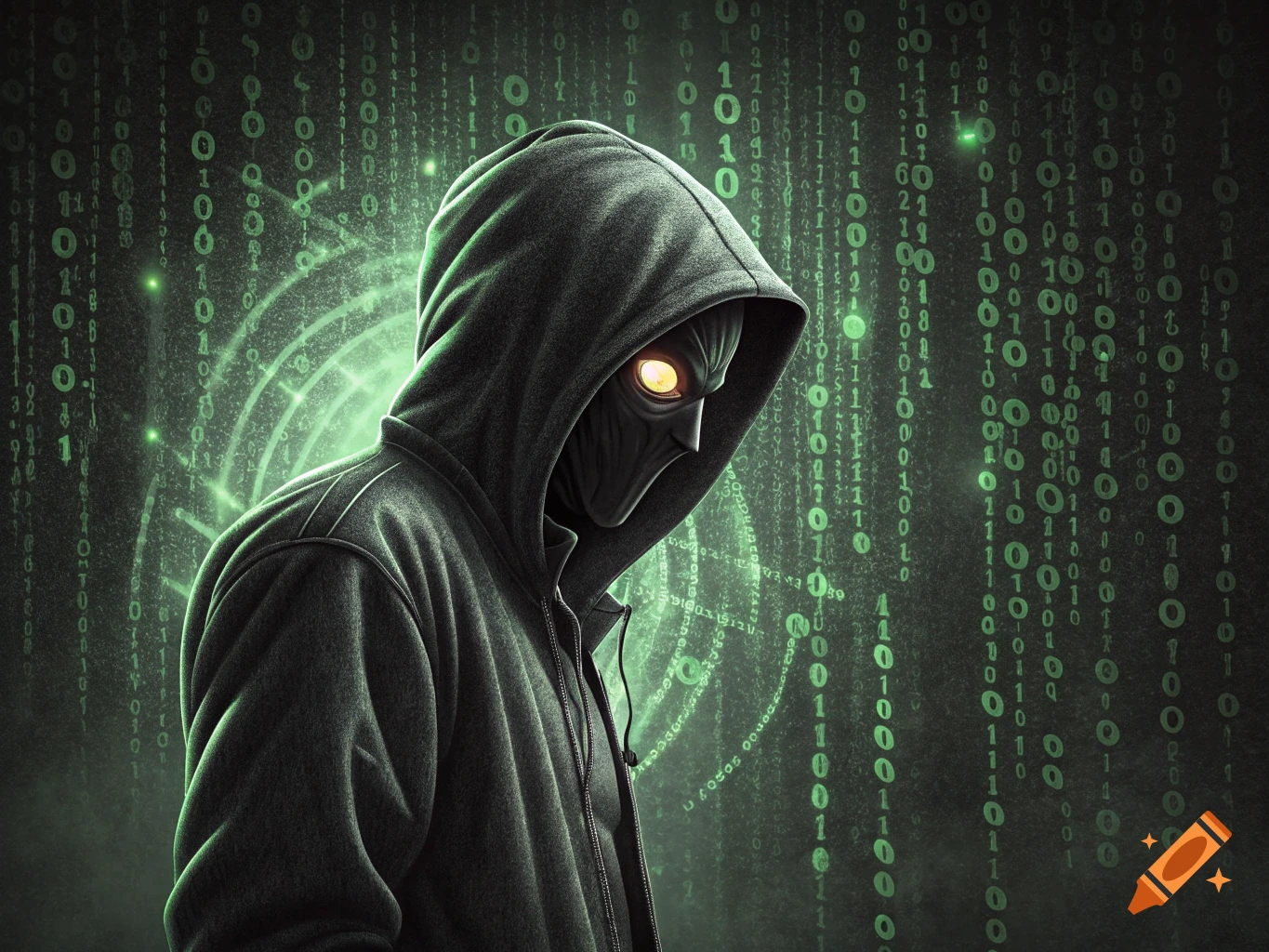 A mysterious masked figure in a dark hoodie with glowing yellow eyes, against a green binary code background.