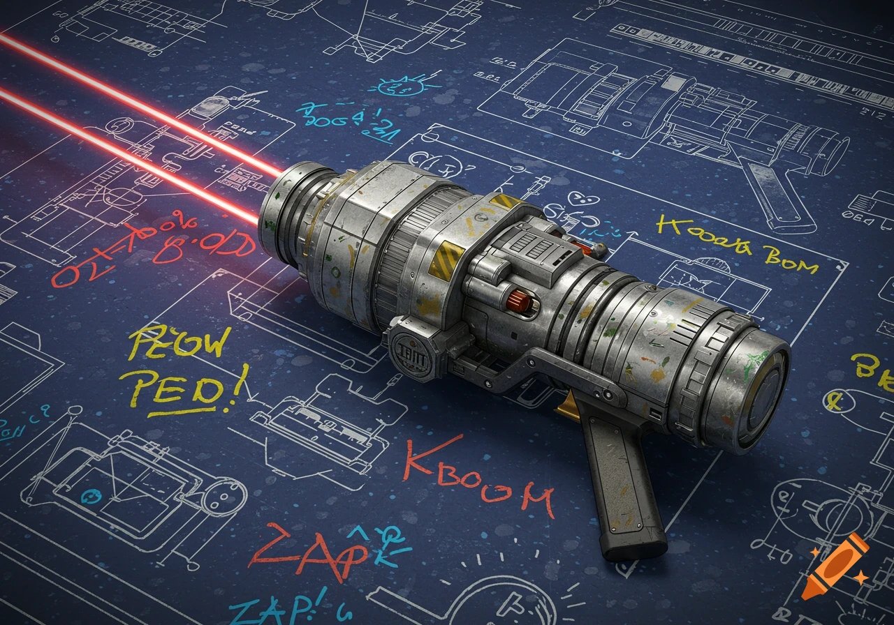 A detailed, weathered science fiction laser gun with glowing red beams, lying on a blue blueprint covered in handwritten notes and sound effects like "KBOOM".