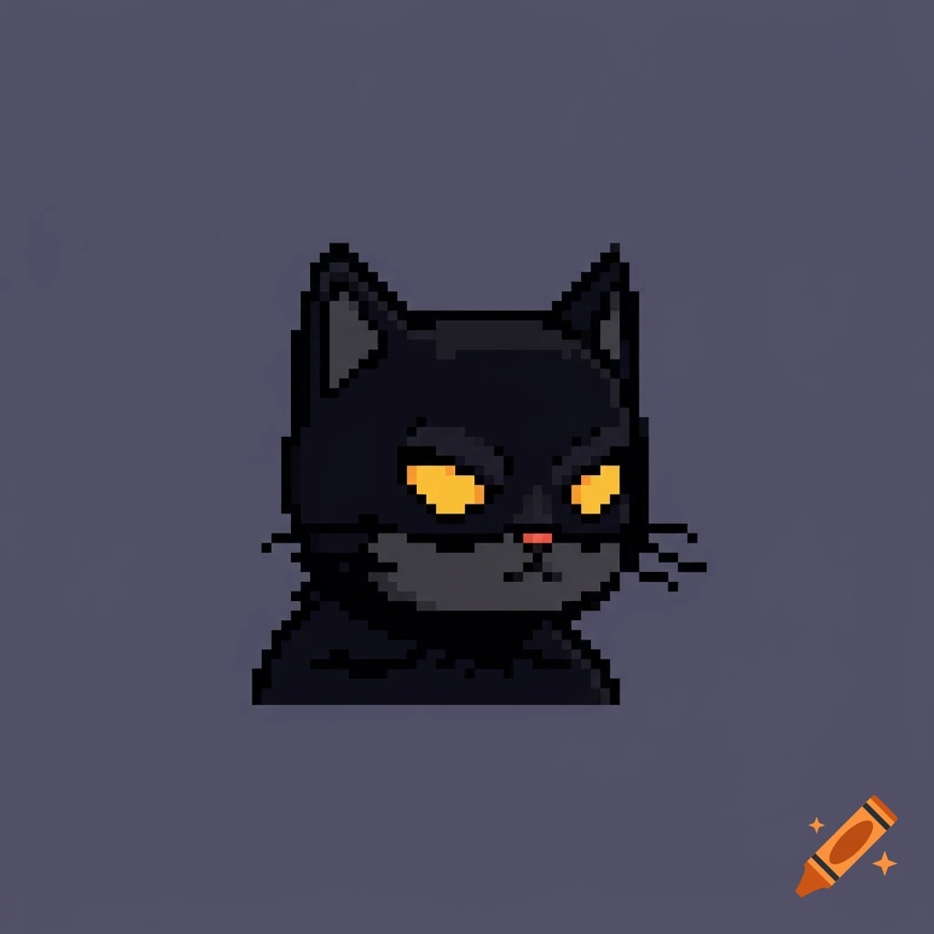Pixel art of a black cat's head with glowing orange eyes, resembling a Batman-like mask, on a dark background.