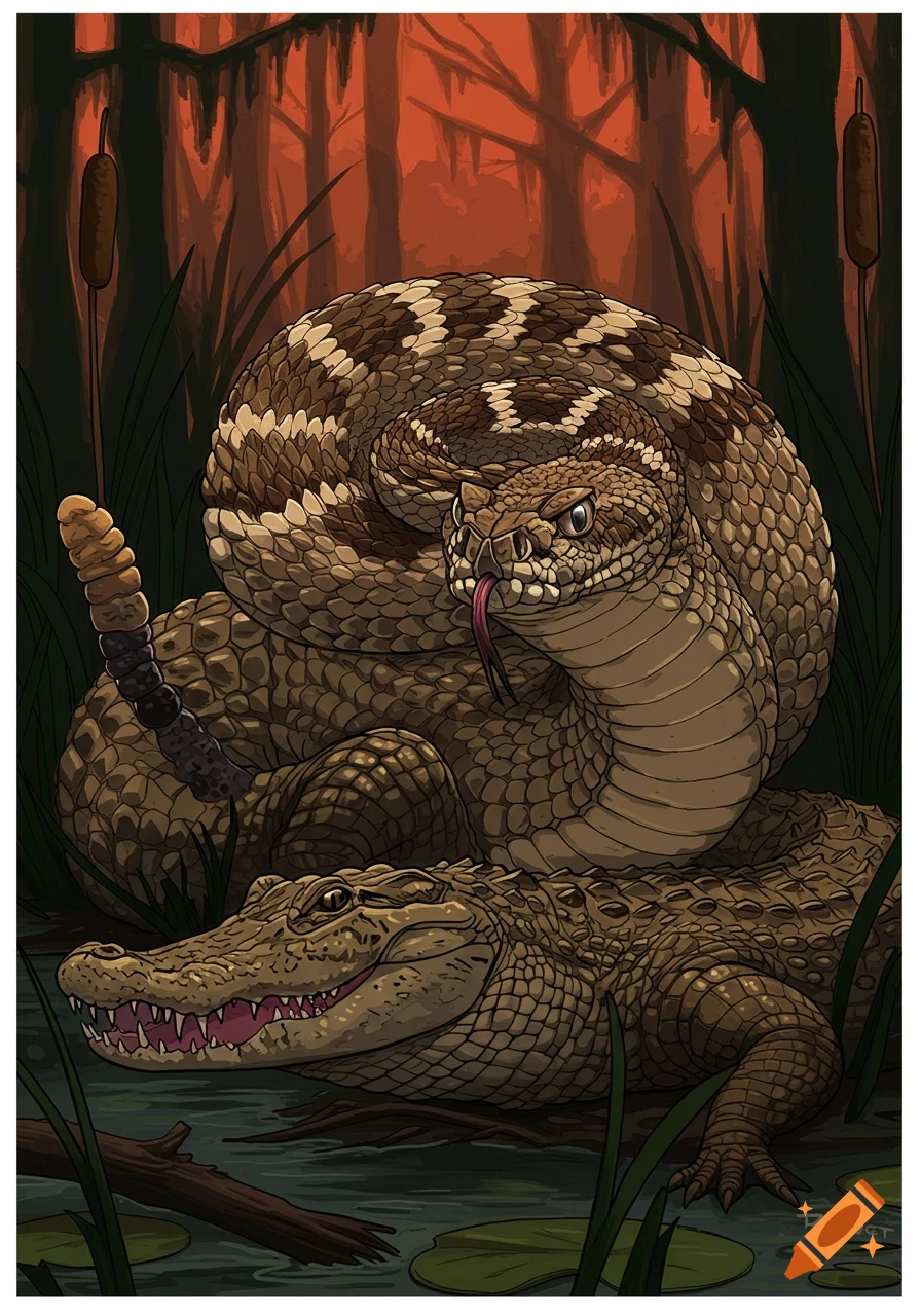 An illustration of a coiled diamondback rattlesnake above an alligator in a swamp, with trees and cattails.