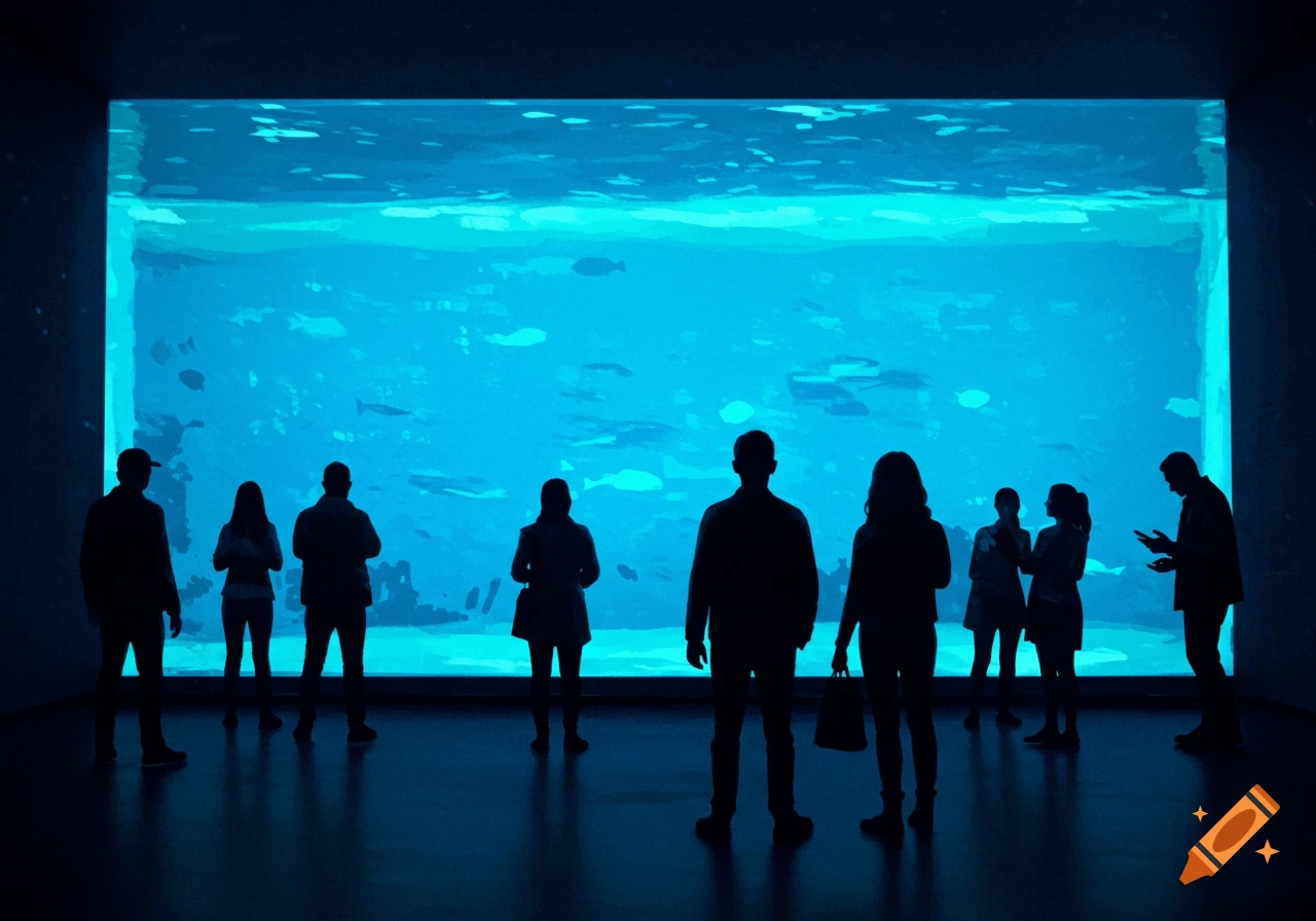 Silhouettes of people gazing at a large, glowing blue aquarium wall with abstract aquatic shapes.