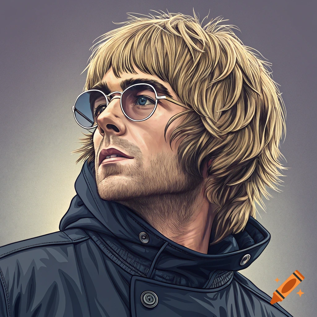 A stylized digital art portrait of a man with shaggy blonde hair and round sunglasses, wearing a dark jacket and looking up.