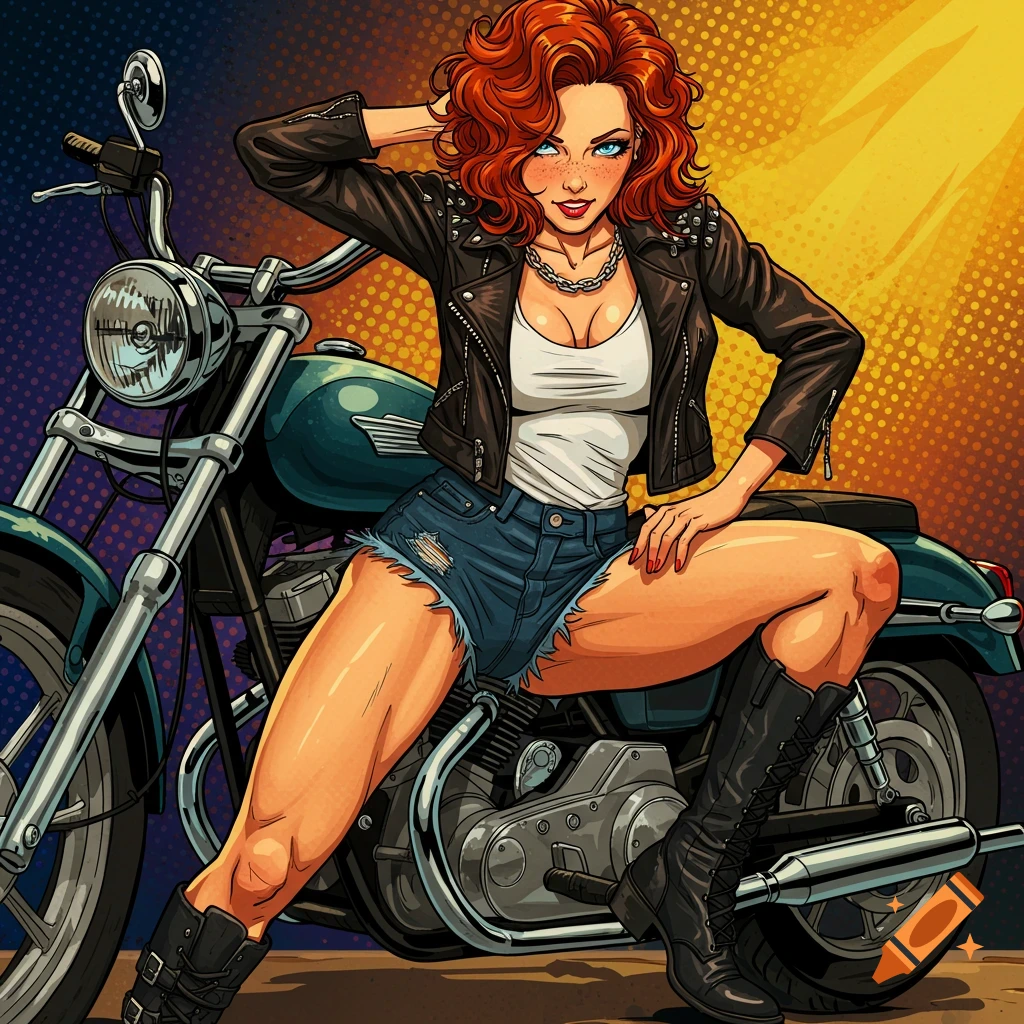 A vibrant pop art illustration of a woman with red hair and a leather jacket posing on a motorcycle.