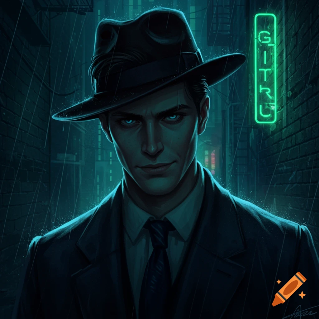 A man with glowing blue eyes wearing a fedora and suit stands in a dark, rainy alley with a neon sign.