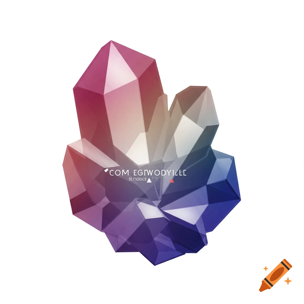 An abstract digital illustration of a faceted crystal in gradients of pink, purple, and blue against a white background, with illegible text on its surface.