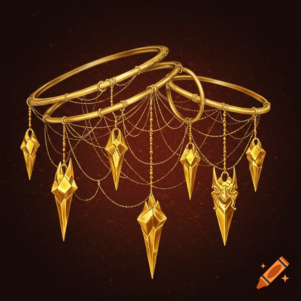Golden rings and bracelets connected by chains, suspending multiple faceted gold pendants, one with an ornate design, against a dark background.