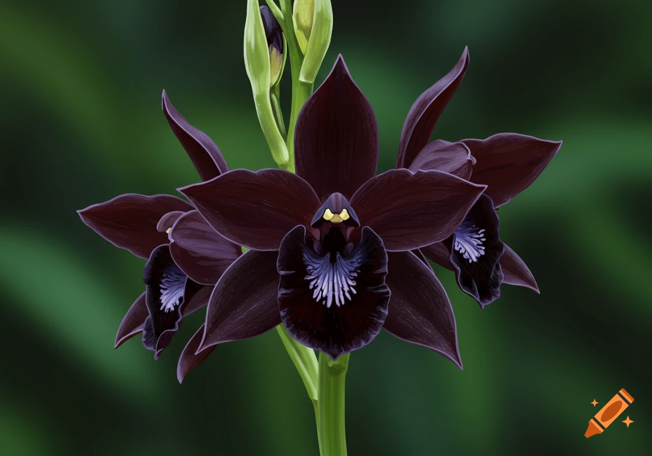 A close-up of a dark purple orchid with white and light purple markings on a blurred green background.