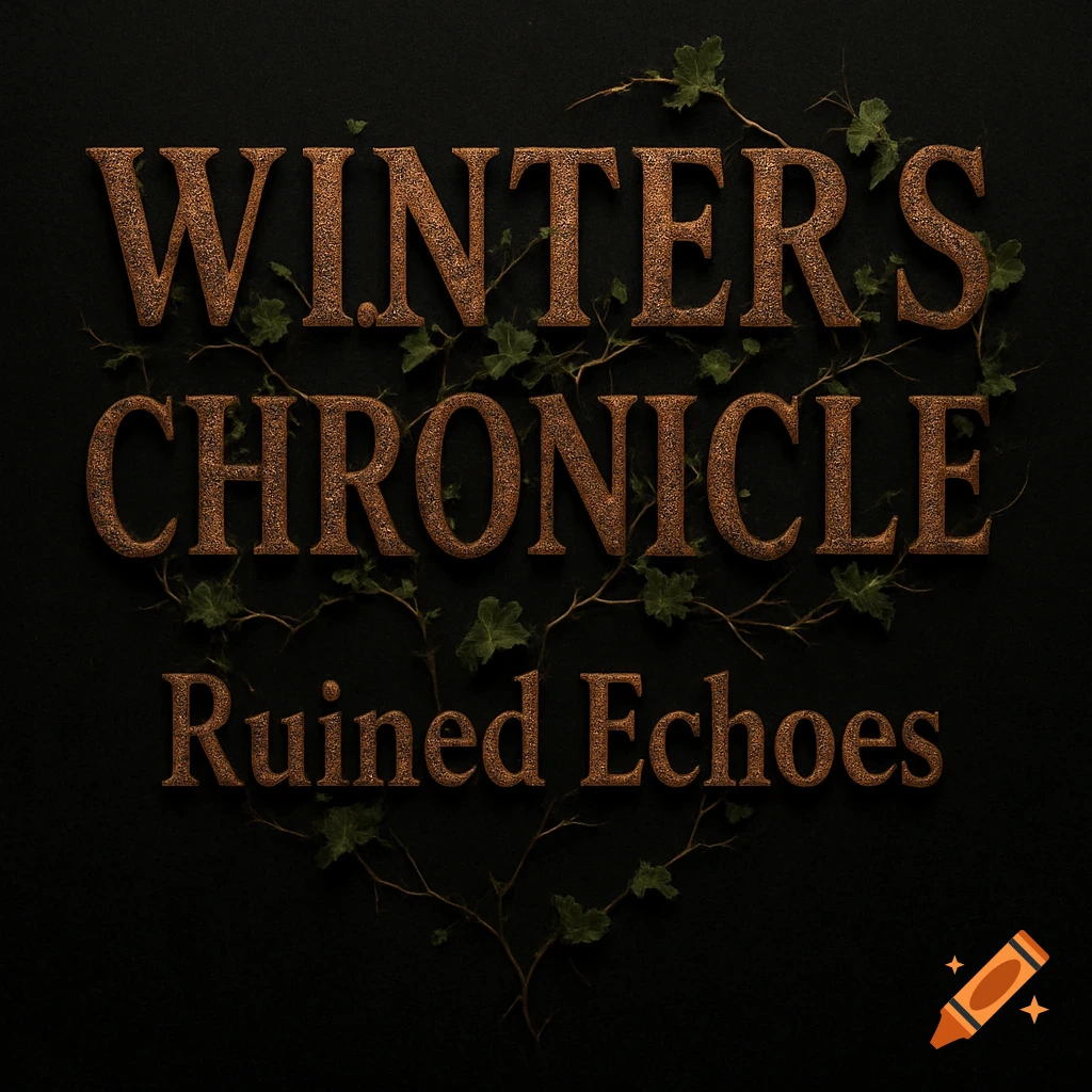 Dark image with "WINTER'S CHRONICLE" and "Ruined Echoes" in rusty metallic text, intertwined with green ivy vines on a black background.