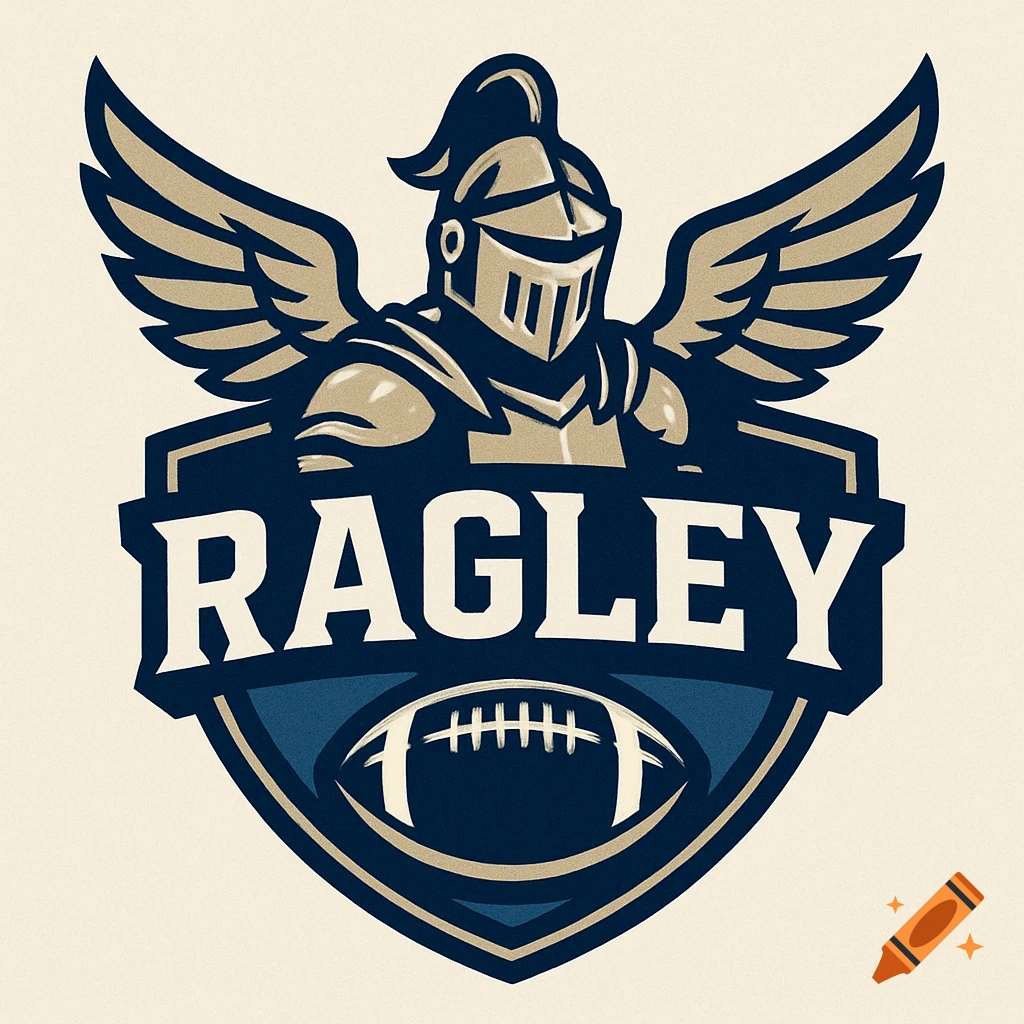 Winged knight sports logo with 'RAGLEY' text and a football on a shield, in dark blue and beige.