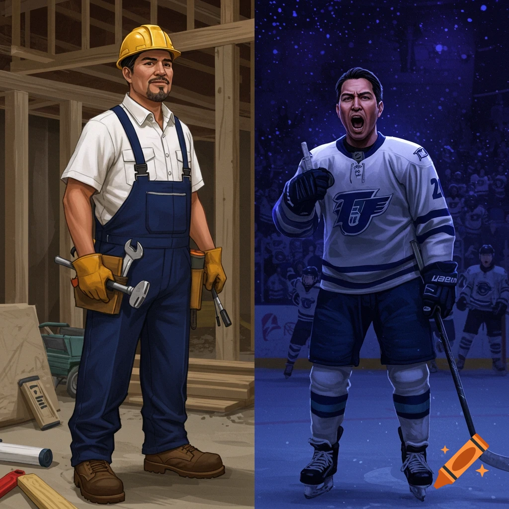 A split image depicting a man as a construction worker in overalls on the left and as a hockey player on the ice on the right, in a stylized illustration.