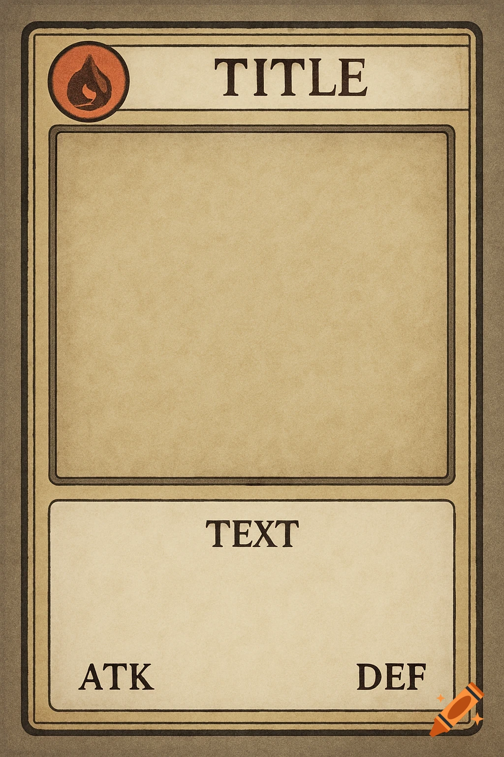 A blank trading card template with sections for title, image, text, attack, and defense, featuring a flame icon.