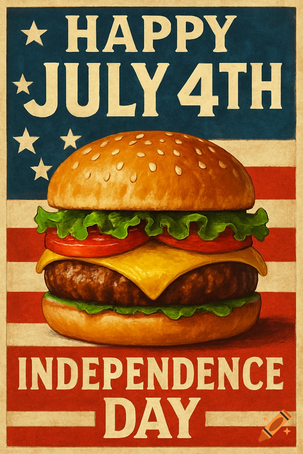 A vintage-style July 4th poster featuring a large, detailed cheeseburger against a background of the American flag with "HAPPY JULY 4TH" and "INDEPENDENCE DAY" text.
