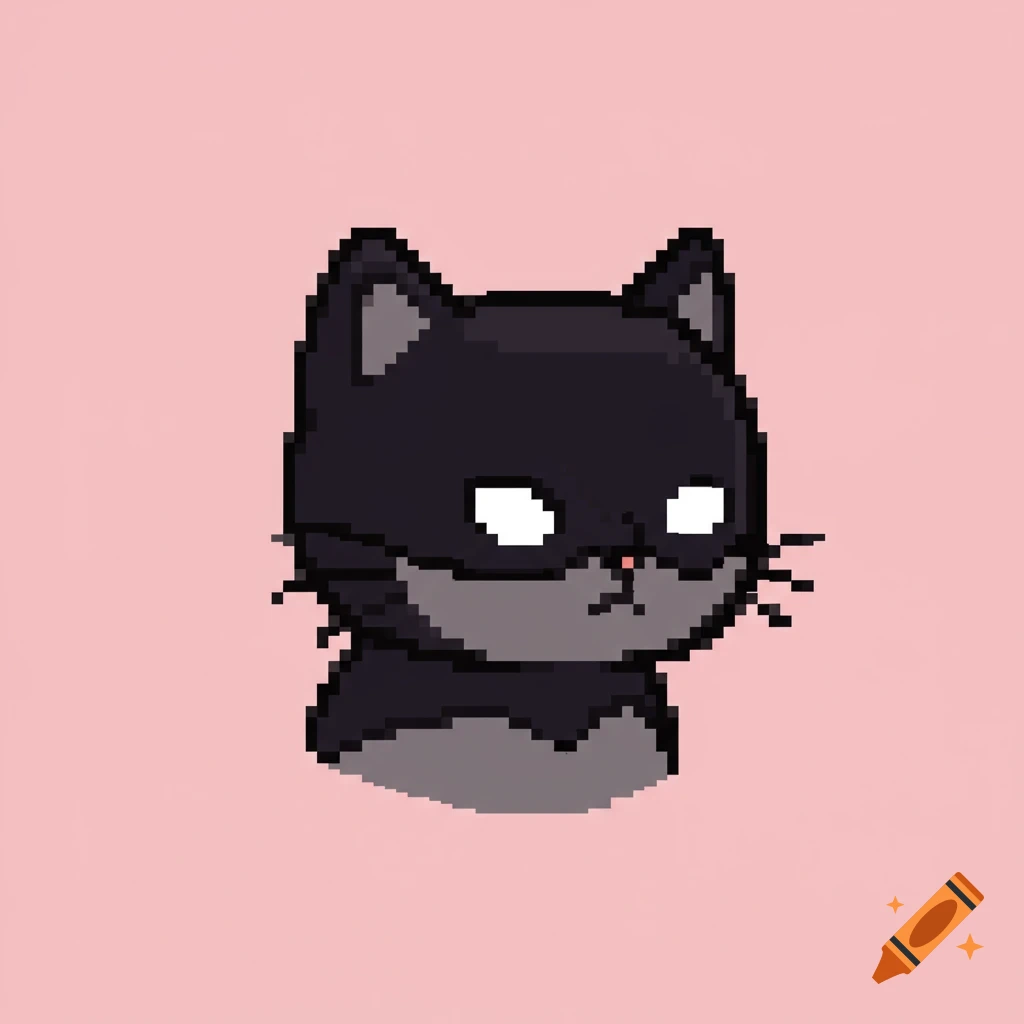 A pixel art portrait of a dark cat wearing a Batman-style mask, with glowing white eyes, on a pink background.