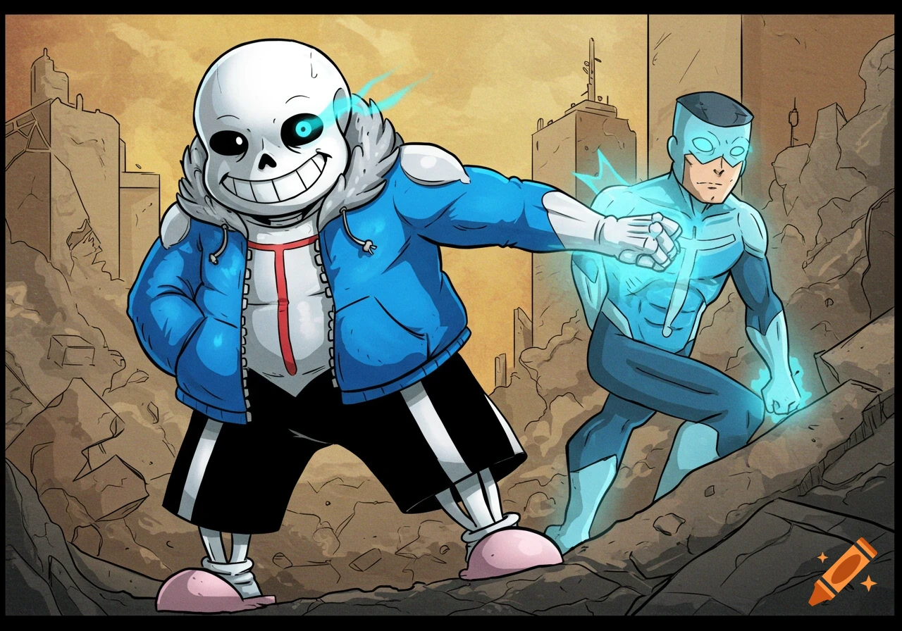 Cartoon drawing of Sans from Undertale as Omniman, attacking with glowing blue energy in a ruined city.