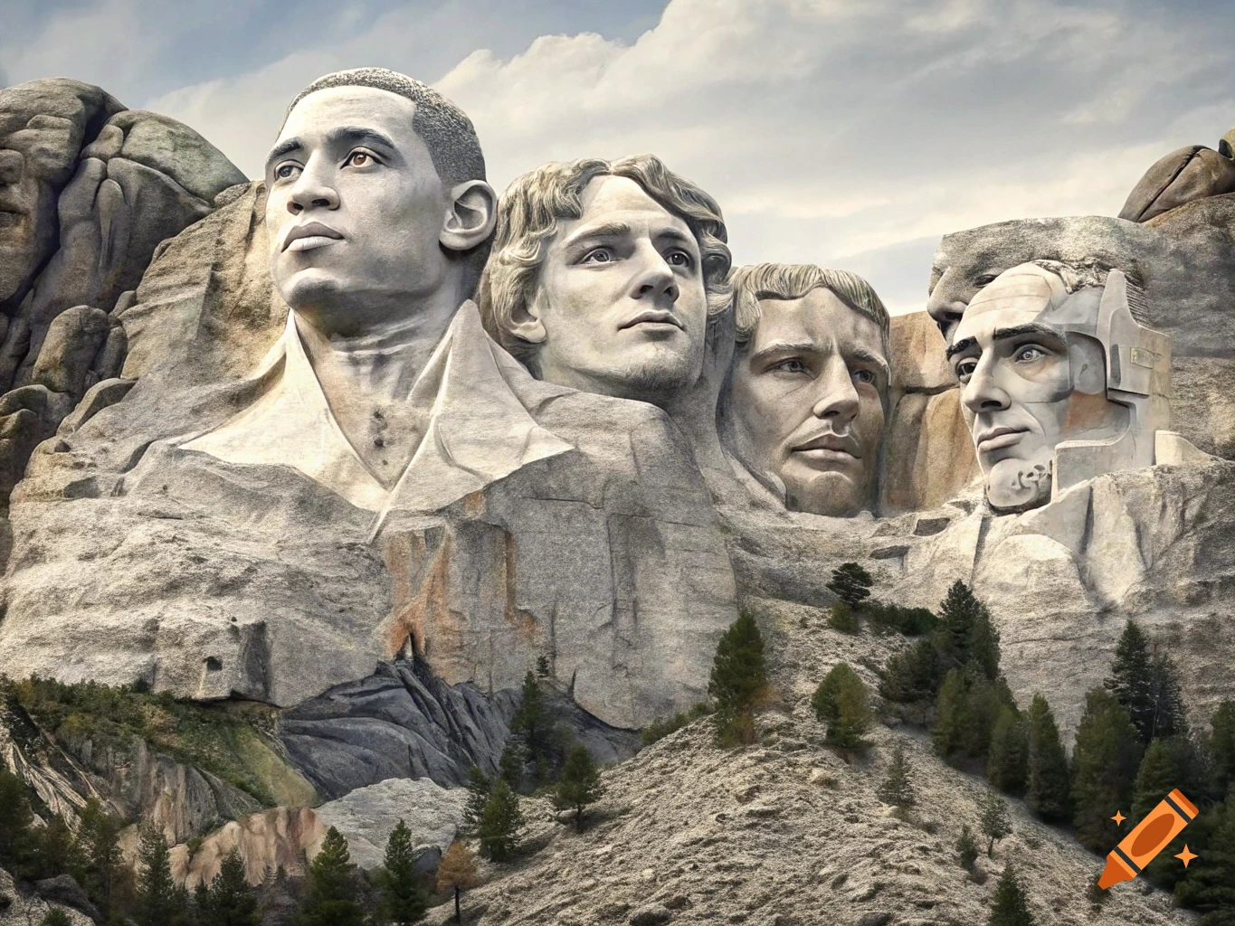 Mount Rushmore-style carving featuring four basketball players: Shai Gilgeous-Alexander, Jalen Williams, Chet Holmgren, and Alex Caruso, set in a mountainous landscape.