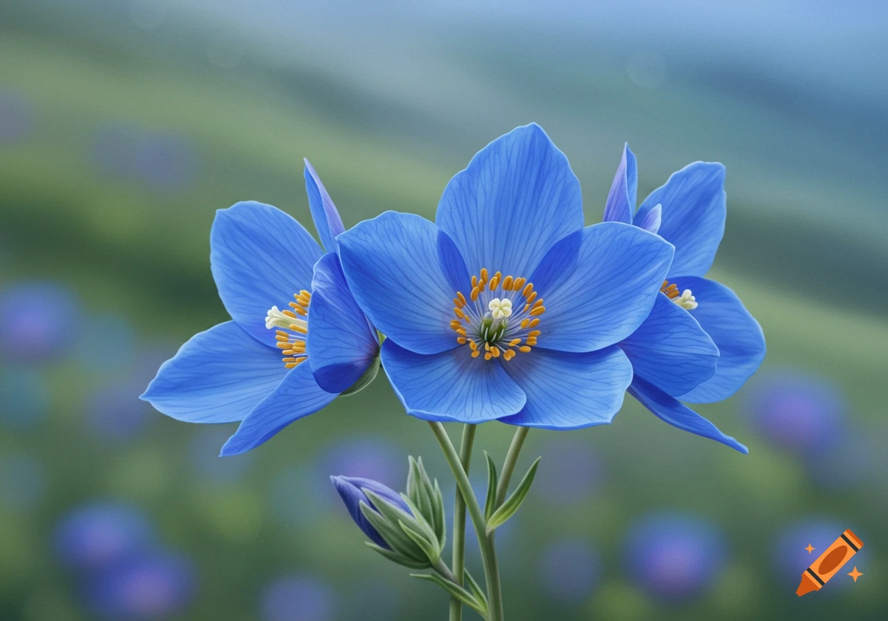 Three vibrant blue poppy flowers with yellow centers and a bud, against a soft focus green and blue background.