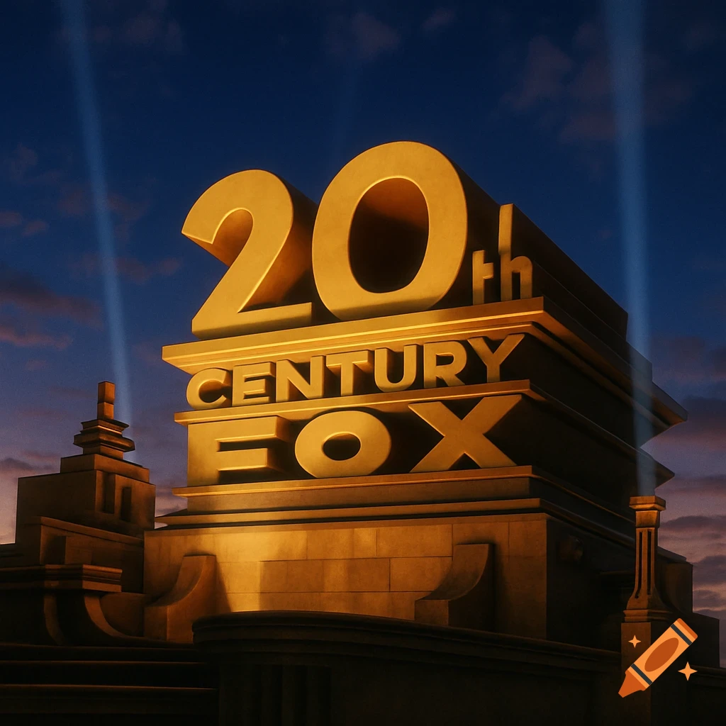 Photorealistic rendering of the gold 20th Century Fox logo monument with spotlights against a twilight sky.
