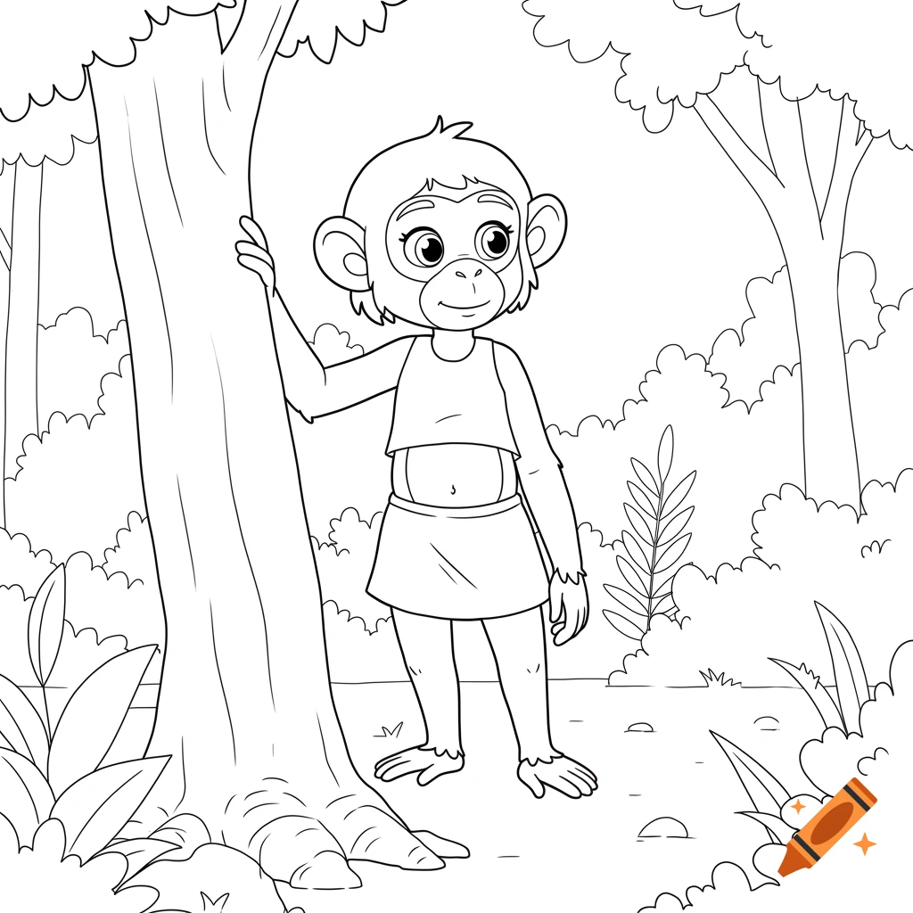 Line art of a smiling anthropomorphic chimpanzee girl in a forest, leaning against a tree, in a coloring page style.