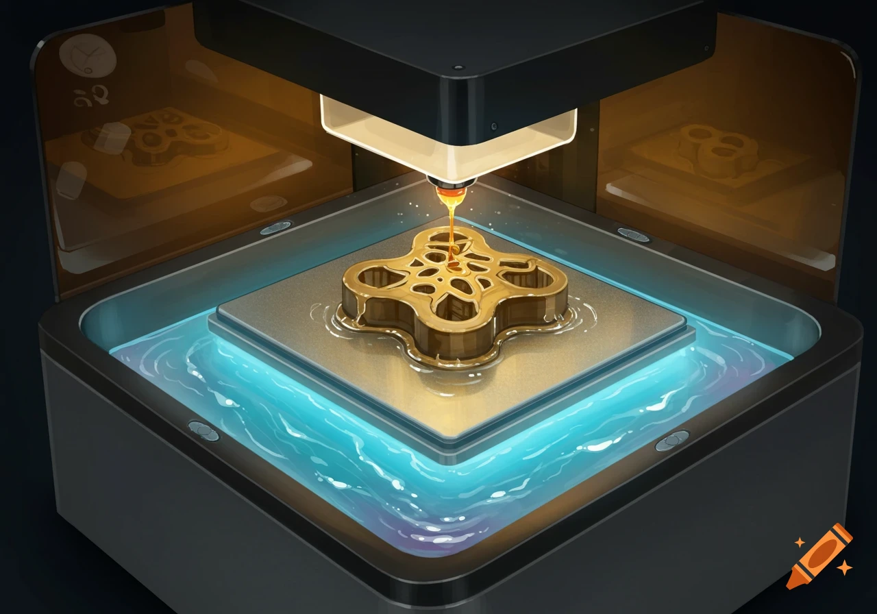 A 3D printer creates a golden, intricate object from glowing blue liquid resin, depicting the additive manufacturing process.