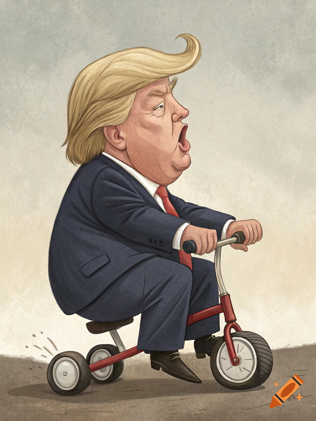A satirical caricature of Donald Trump with a large head and small body, wearing a suit, riding a tiny red tricycle, yelling with an open mouth.