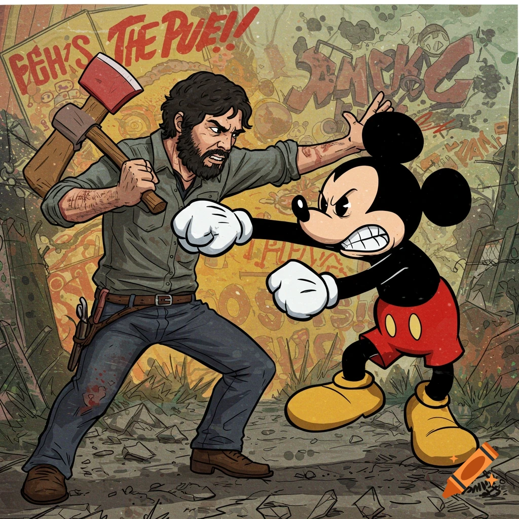 A stylized illustration of a bearded man with an axe fighting Mickey Mouse in a gritty, ruined urban setting.