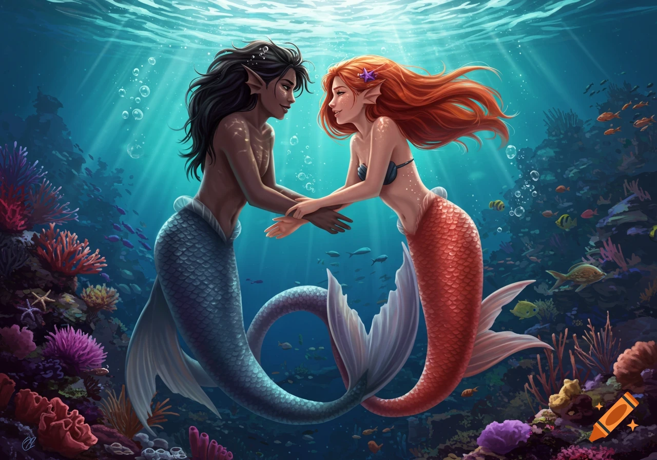 Two mermaids, one with dark hair and a blue tail, the other with red hair and a red tail, holding hands underwater in a vibrant coral reef. Digital illustration.