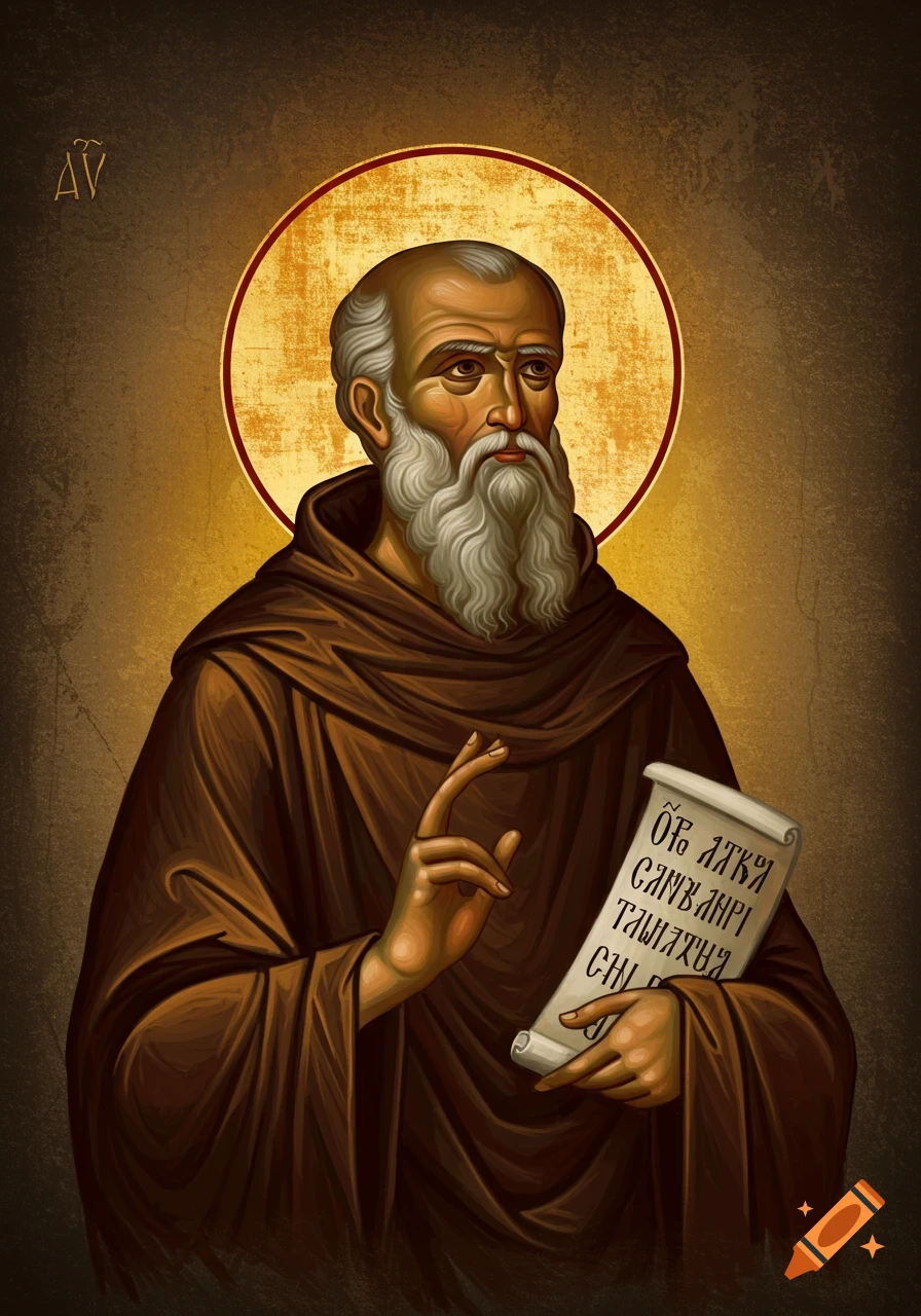 A stylized icon of a bearded saint in a brown robe, holding a scroll with illegible text, against a golden background with a halo.