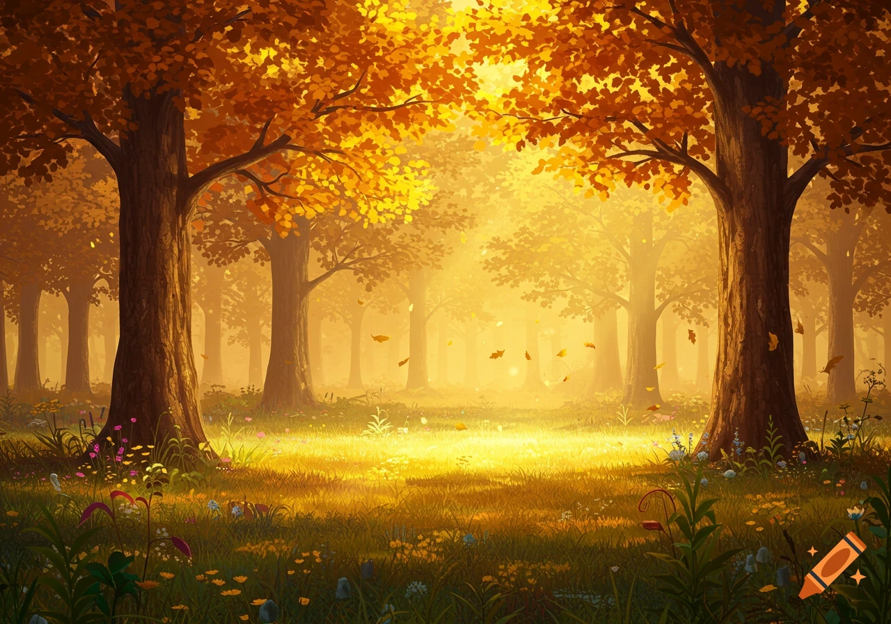 A vibrant golden forest scene with sunlight filtering through autumn leaves, illuminating a grassy glade with scattered wildflowers.