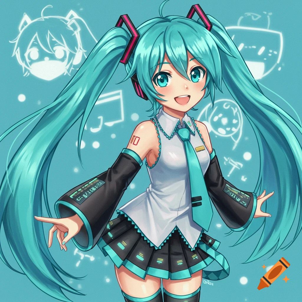 A cheerful anime girl with long, flowing teal pigtails, wearing a white shirt, black skirt, and teal tie, stands against a light blue background.