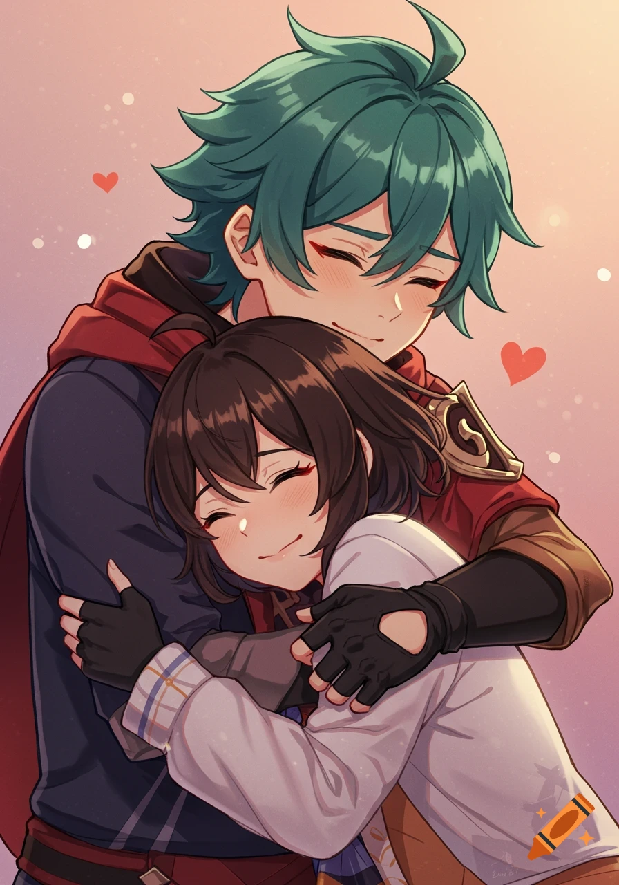 Two anime characters, a man with teal hair and a woman with brown hair, hugging tenderly with hearts floating in the background.
