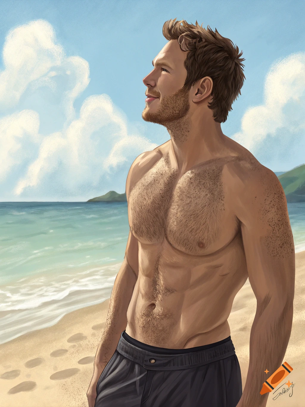 Digital painting of a shirtless man resembling Chris Pratt on a sunny beach, looking up. Ocean and land in background.