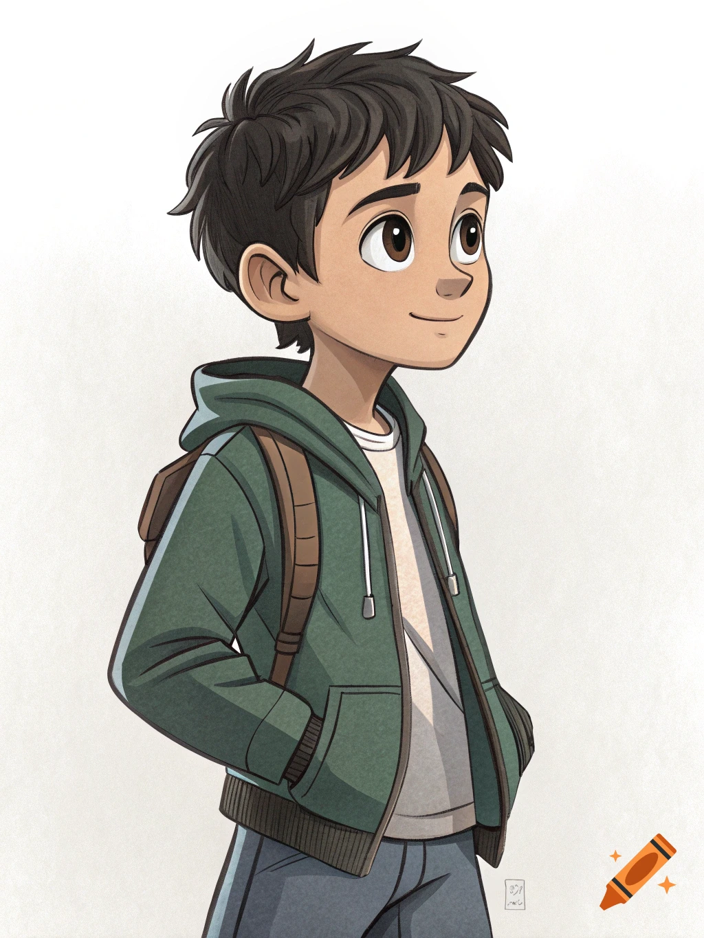 Cartoon boy with dark hair and a backpack, wearing a green hoodie, smiling and looking up.