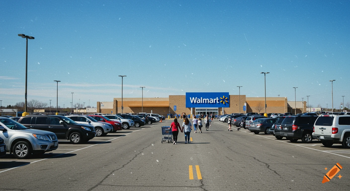 A wide shot of a busy Walmart parking lot on a clear day, with cars parked and people walking towards the store entrance.