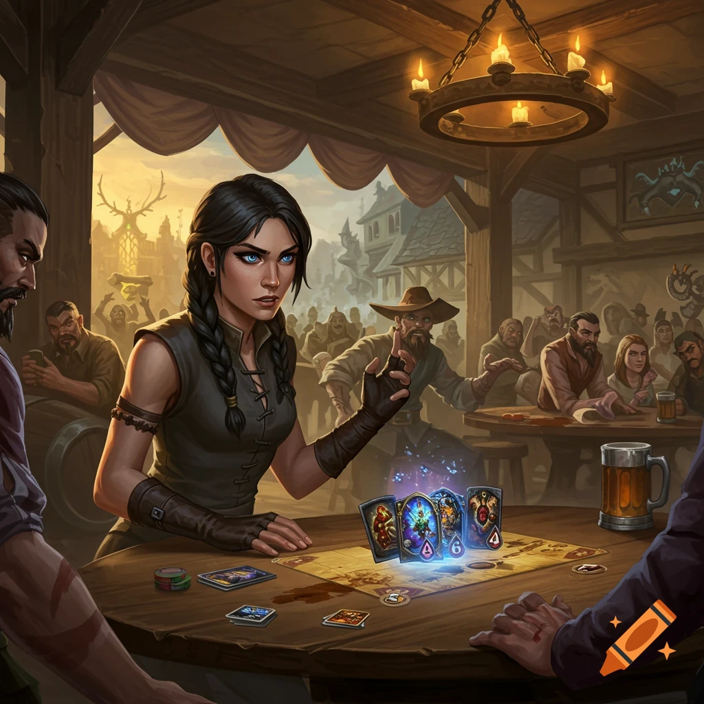A female adventurer with blue eyes and braided hair plays a card game at a table in a bustling fantasy tavern, surrounded by other patrons.
