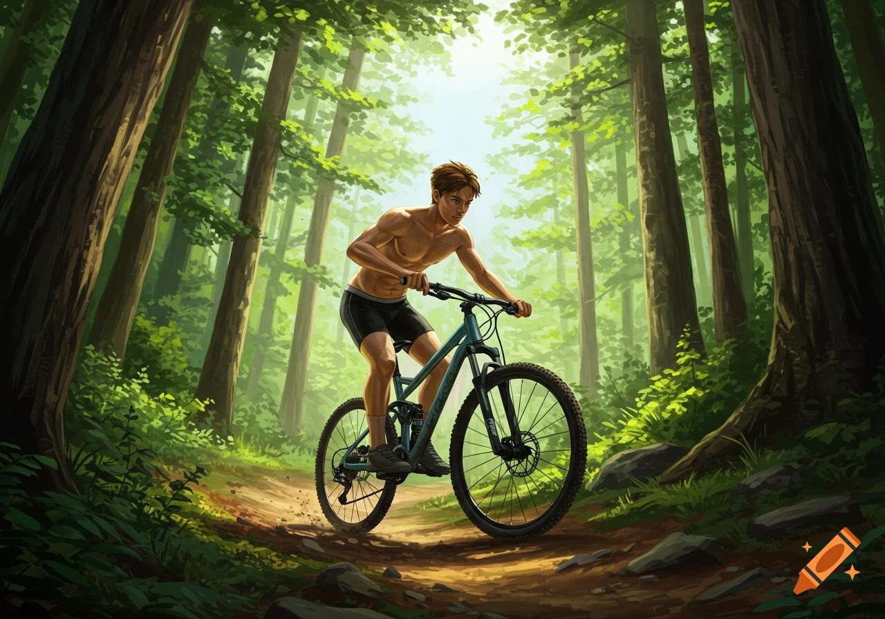 A shirtless man in shorts rides a mountain bike on a dirt path through a sun-dappled forest.