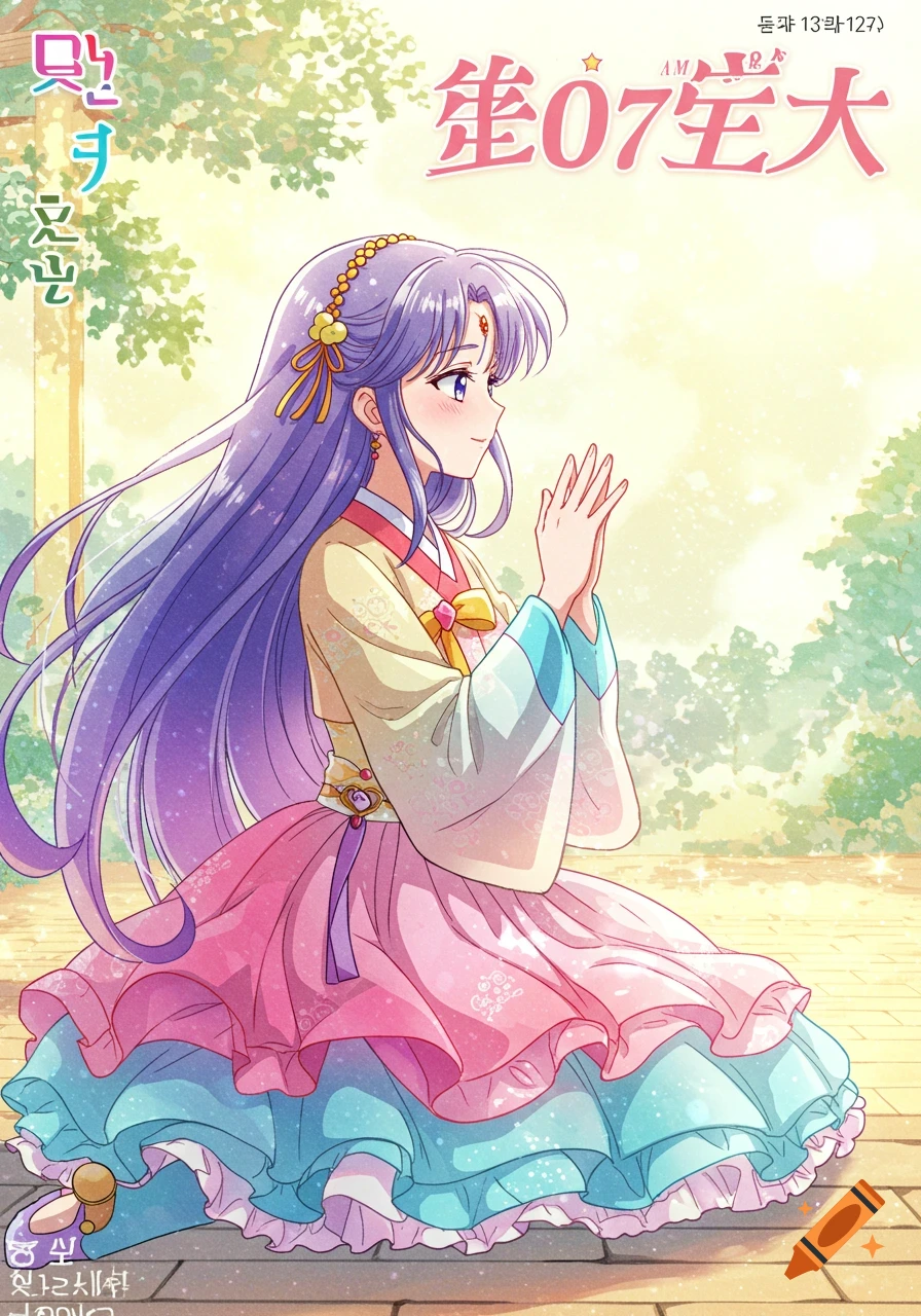 A purple-haired anime girl wearing a colorful hanbok kneels with hands together, praying, on a sunny outdoor path.