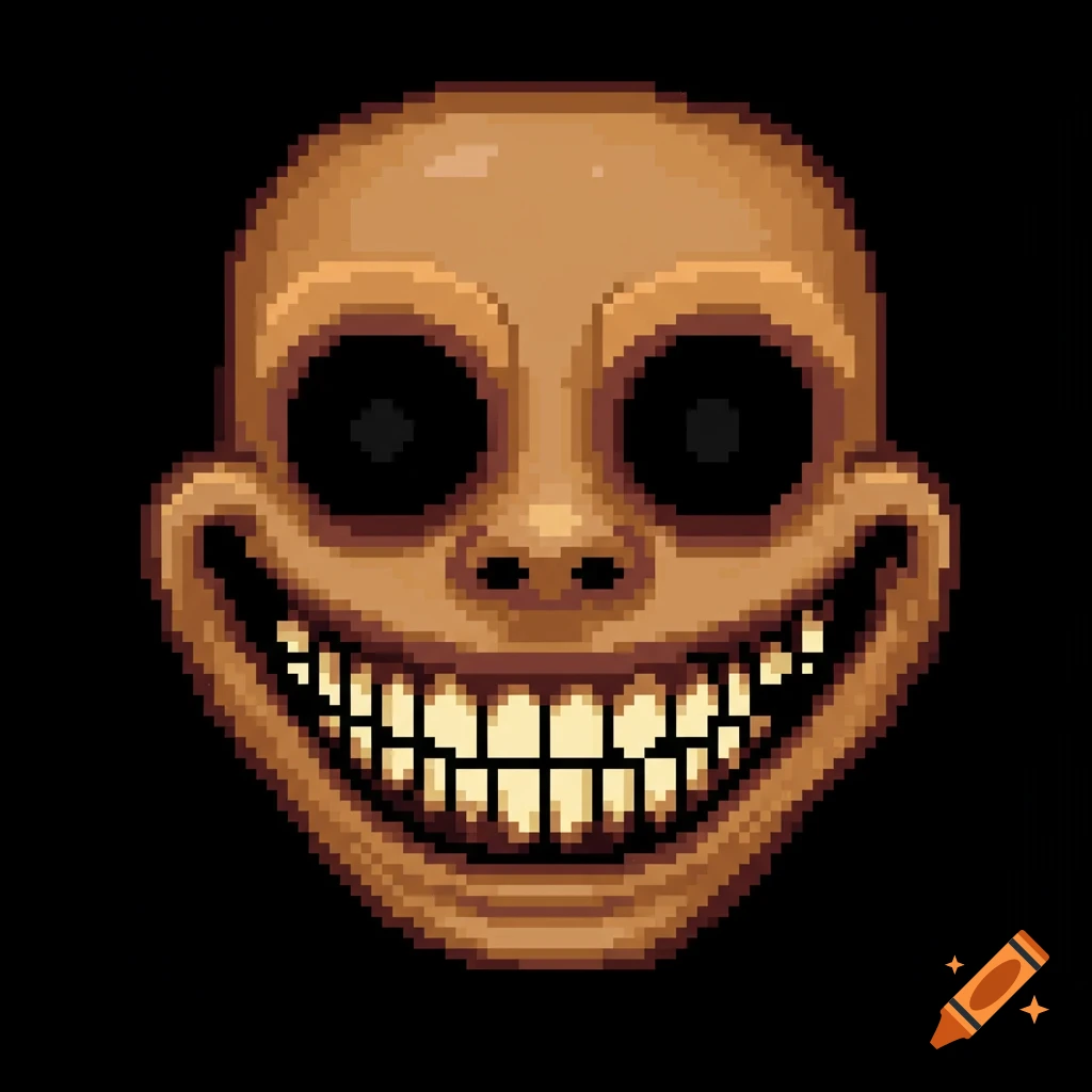 A creepy, unsettling, pixel art face with large black eyes and a wide, toothy grin.