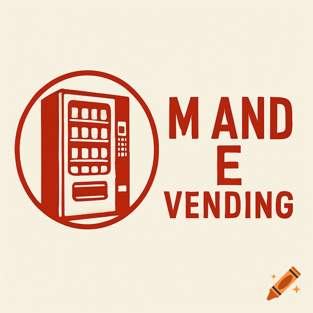 Red and white logo for M and E Vending, featuring a stylized vending machine inside a circle.