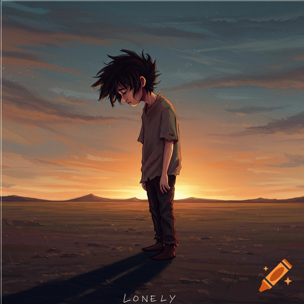 An anime-style illustration of a boy standing alone in a vast, desolate landscape under a sunset sky, looking down sadly.
