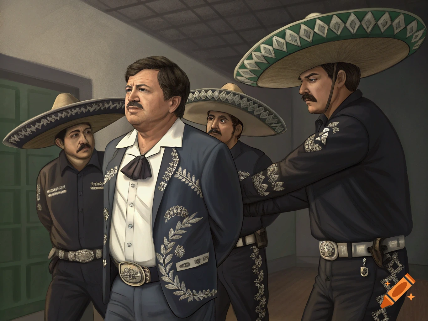 A well-rendered illustration of a man in a charro suit being arrested by two other men in similar attire and sombreros.