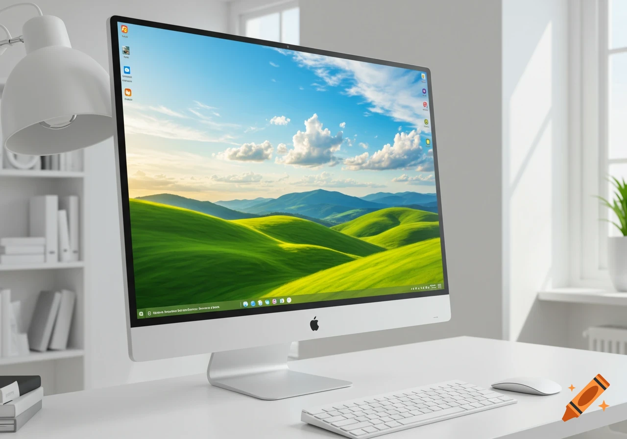 A white all-in-one desktop computer with a landscape background on screen, with a keyboard, mouse, and lamp on a white office desk.