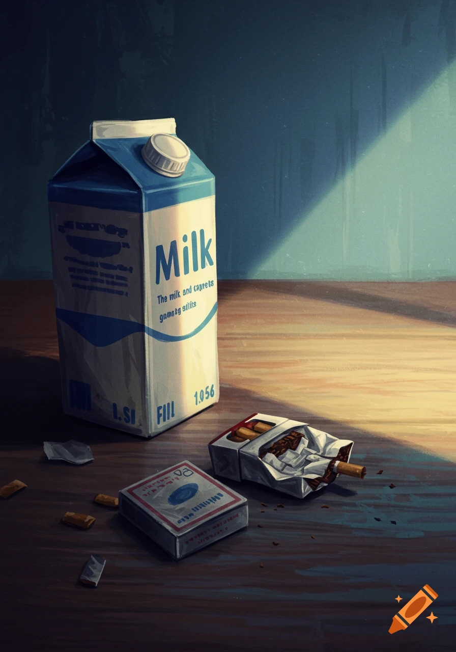 An illustration of a milk carton and a half-empty pack of cigarettes on a wooden surface, illuminated by sunlight from a window.