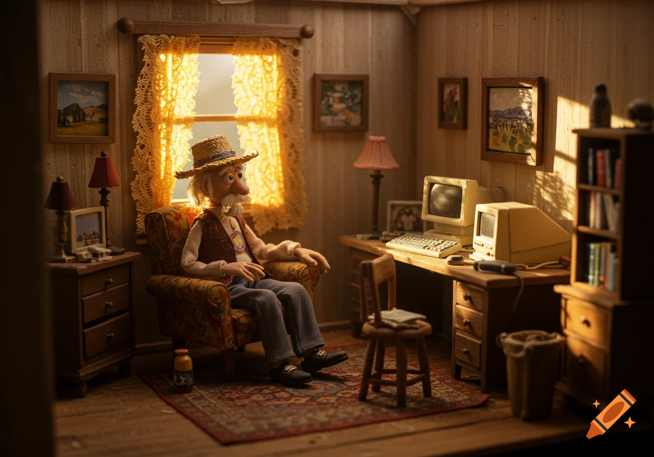 A stop-motion miniature living room bathed in sunlight, featuring an old hippie man in a straw hat sitting in a chair near a vintage computer desk.