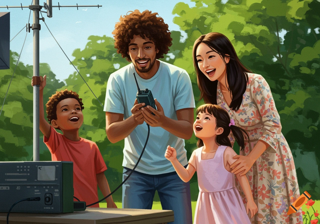 Happy family outdoors, father holding a walkie-talkie while children look up at a radio antenna. Illustrated style.