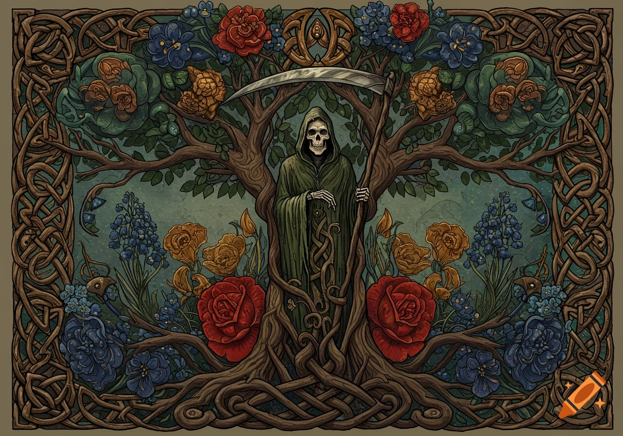 Illustrative Celtic art featuring a Grim Reaper standing in a tree with roots forming a knotwork design, surrounded by red, yellow, and blue flowers.